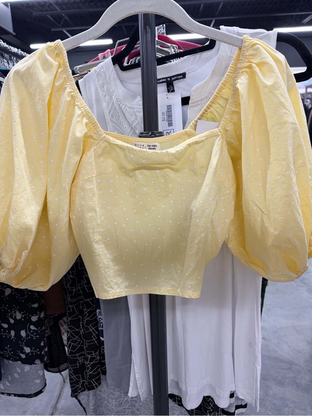 Billabong Yellow Polka Dot Puff Sleeve Crop Top